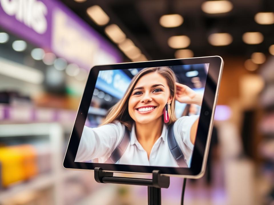 Tablet capturando a selfie de uma cliente sorrindo dentro de uma loja