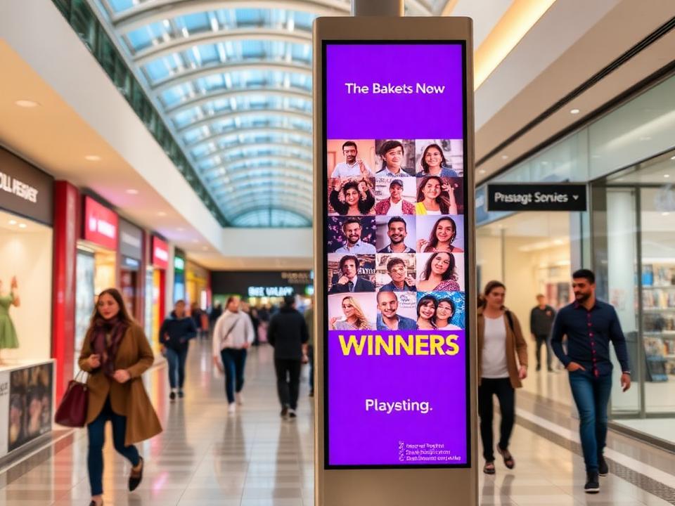 Totem de LED vertical exibindo o mural de ganhadores em um shopping